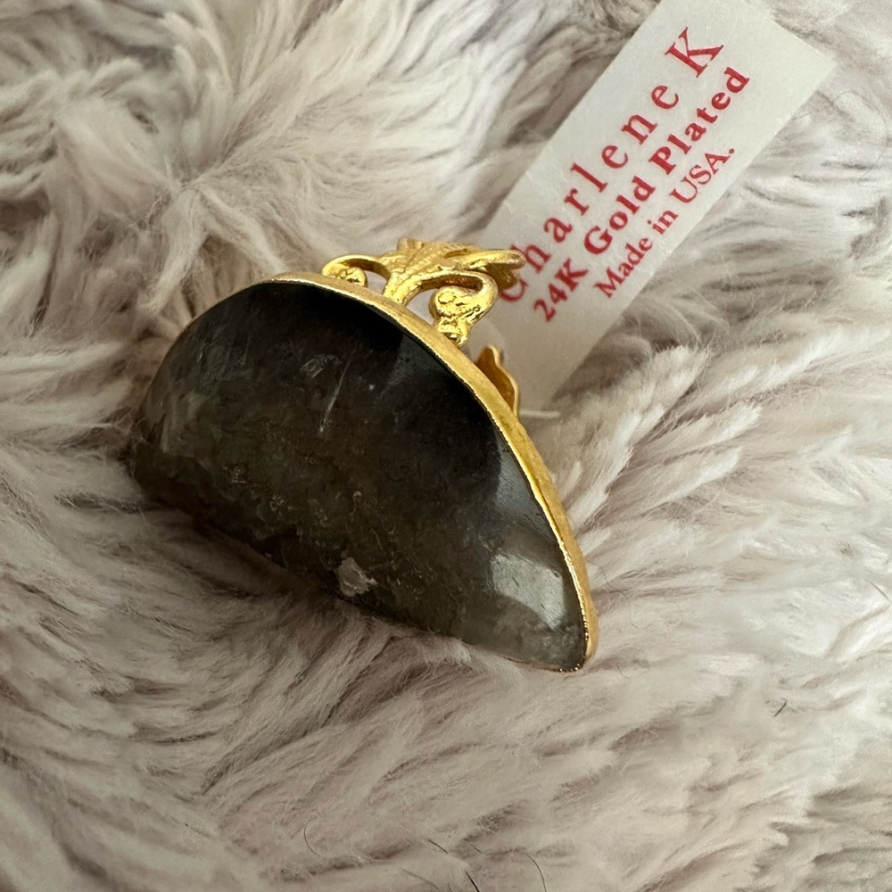 Charlene K Druzy Quartz 24k Gold Plated Adjustable Ring Black Gray